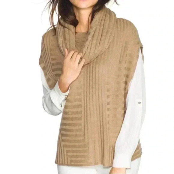 White House Black Market Sweaters - White House Black Market Tan Ribbed Knit Poncho Sweater Size S